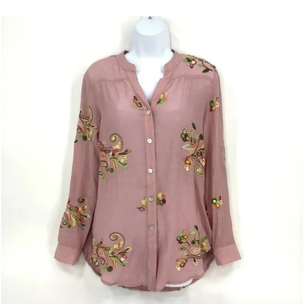 Anthropologie Embroidered Floral Pink Top Fig and Flower Size L Boho Spring!